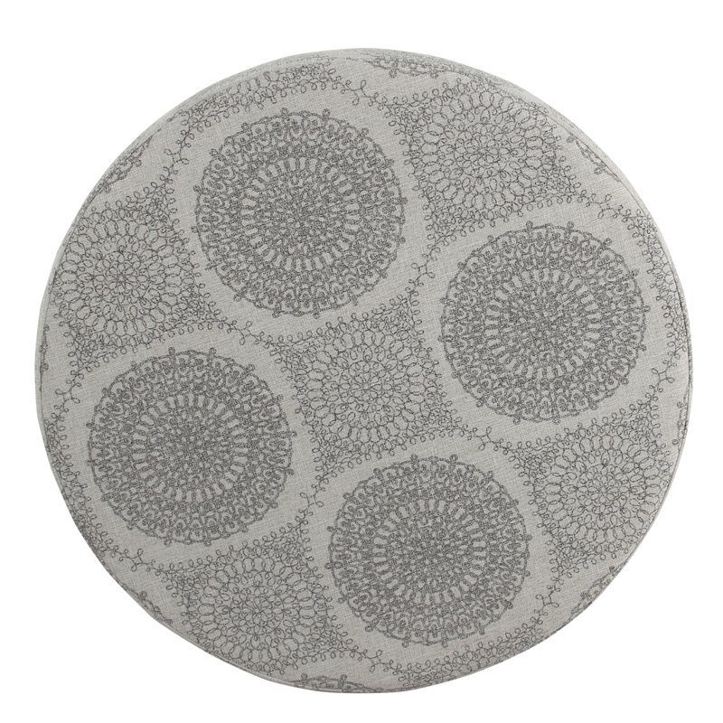 HomePop Round Transitional Wood and Fabric Storage Ottoman in Gray Medallion