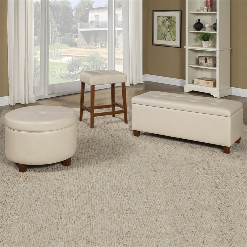 HomePop Transitional Faux Leather Large Storage Ottoman in Cream