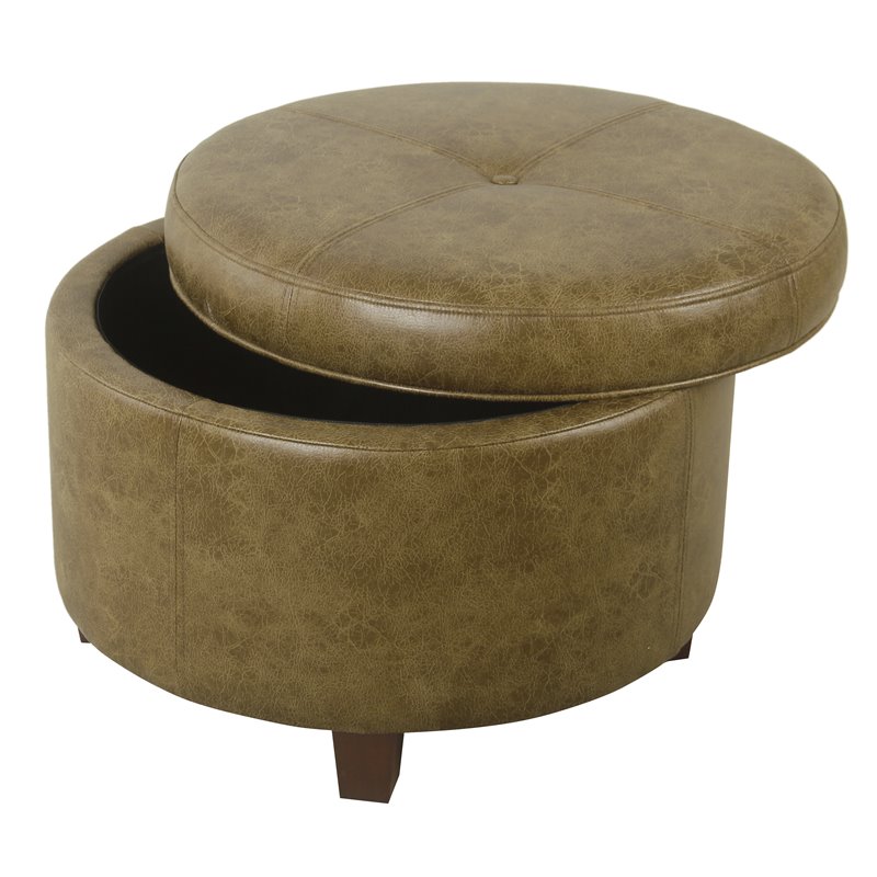 HomePop Transitional Faux Leather Large Storage Ottoman in Distressed Brown