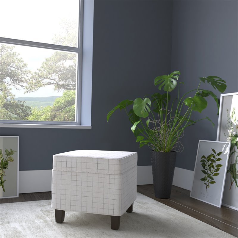 HomePop Square Transitional Fabric Windowpane Pattern Lift Off Ottoman in White