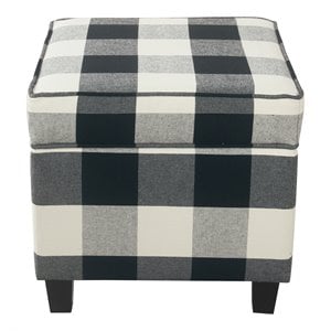 HomePop Square Wood and Cotton Plaid Pattern Ottoman with Lift Off Lid in Black