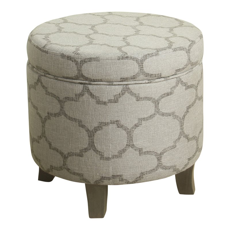 HomePop Cole Round Transitional Wood and Fabric Storage Ottoman in Brown