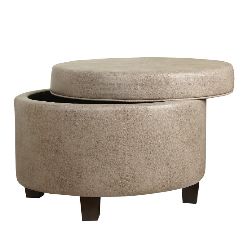 HomePop Round Transitional Wood and Faux Leather Storage Ottoman in Brown
