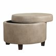 HomePop Round Transitional Wood and Faux Leather Storage Ottoman in Brown