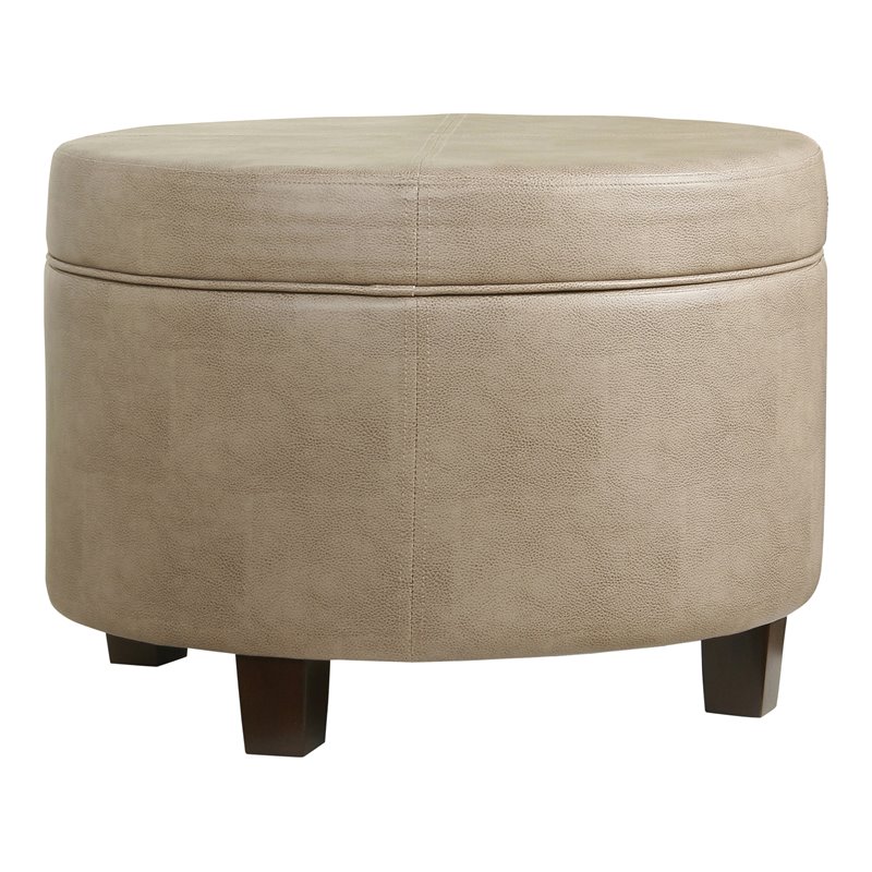 HomePop Round Transitional Wood and Faux Leather Storage Ottoman in Brown