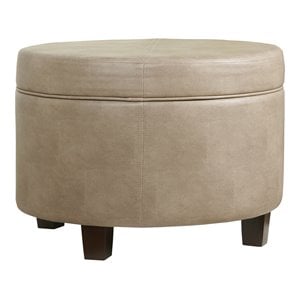HomePop Round Transitional Wood and Faux Leather Storage Ottoman in Brown