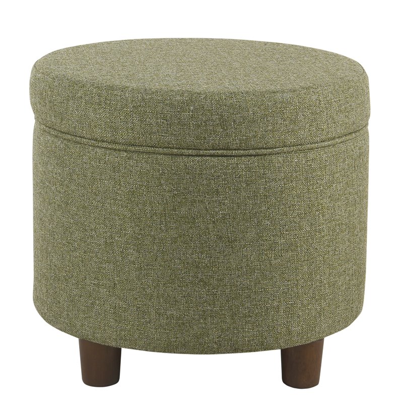 HomePop Round Transitional Wood and Fabric Storage Ottoman in Green Tweed