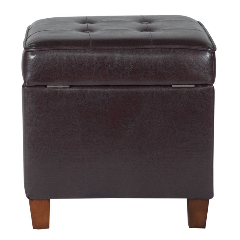 HomePop Square Transitional Wood and Faux Leather Storage Ottoman in Brown