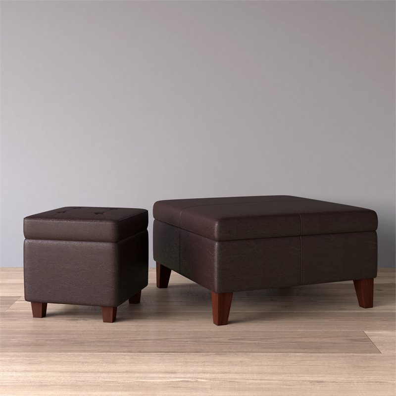 HomePop Square Transitional Wood and Faux Leather Storage Ottoman in Brown