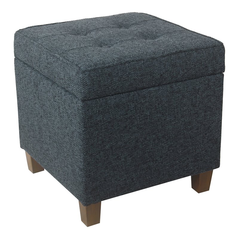 HomePop Square Transitional Wood and Fabric Storage Ottoman in Textured Navy