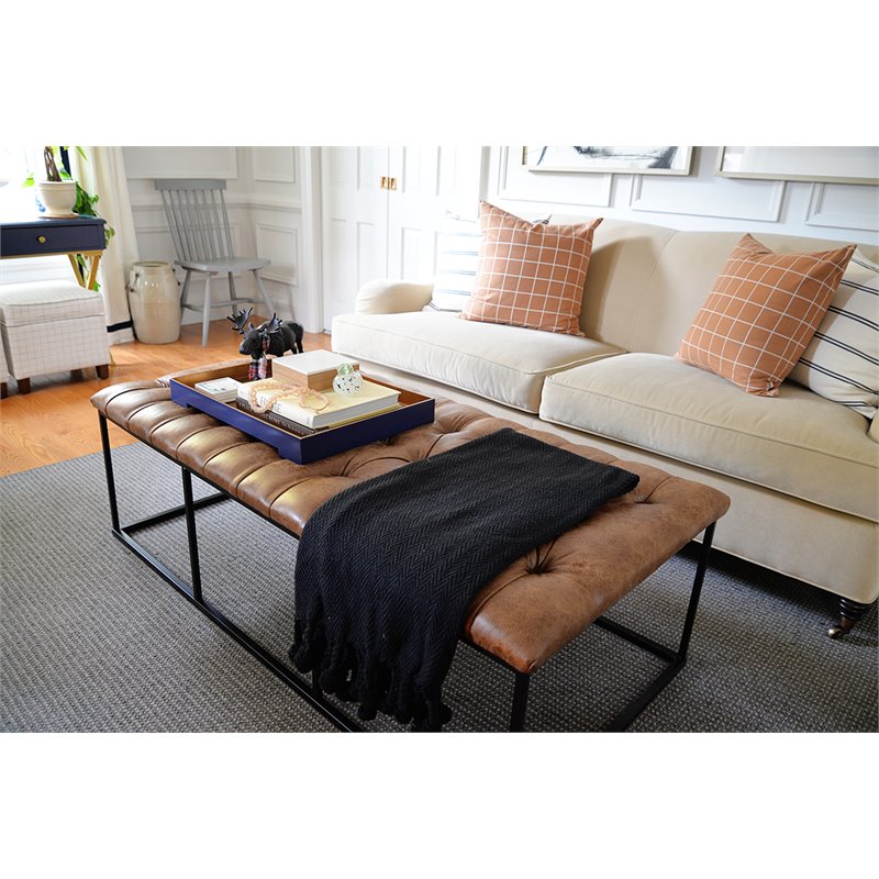 HomePop Draper Modern Faux Leather Large Ottoman with Button Tufting in Brown