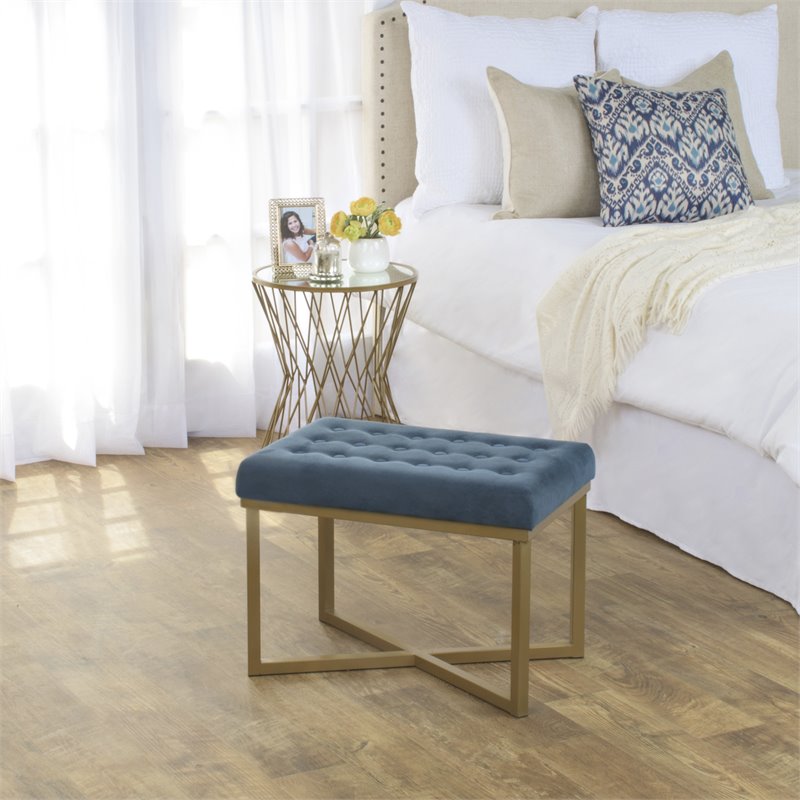 HomePop Modern Style Metal Bench with Velvet Seat in Dark Blue Finish