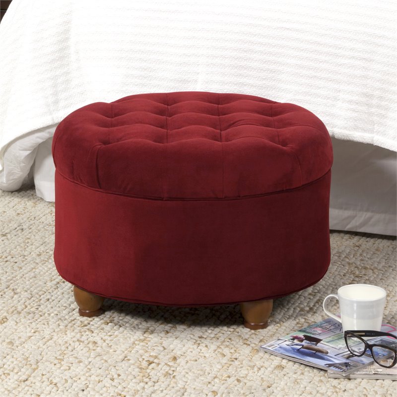 HomePop Round Traditional Wood and Velvet Storage Ottoman in Red