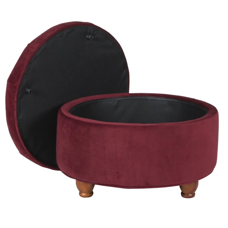 HomePop Round Traditional Wood and Velvet Storage Ottoman in Red
