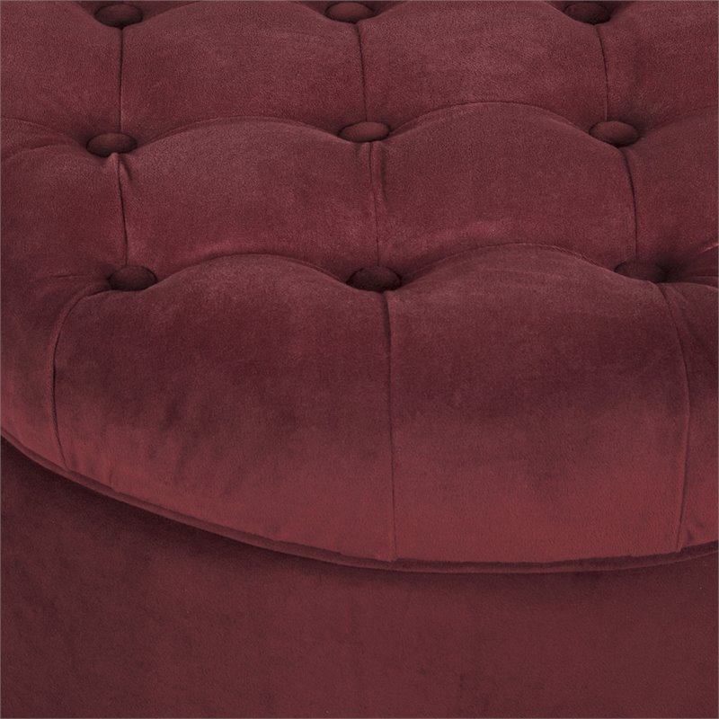 HomePop Round Traditional Wood and Velvet Storage Ottoman in Red