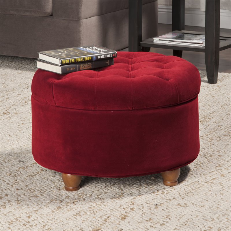 HomePop Round Traditional Wood and Velvet Storage Ottoman in Red