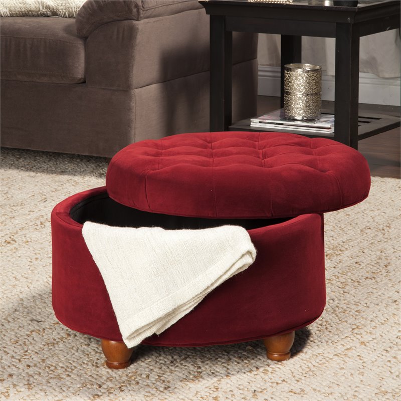 HomePop Round Traditional Wood and Velvet Storage Ottoman in Red