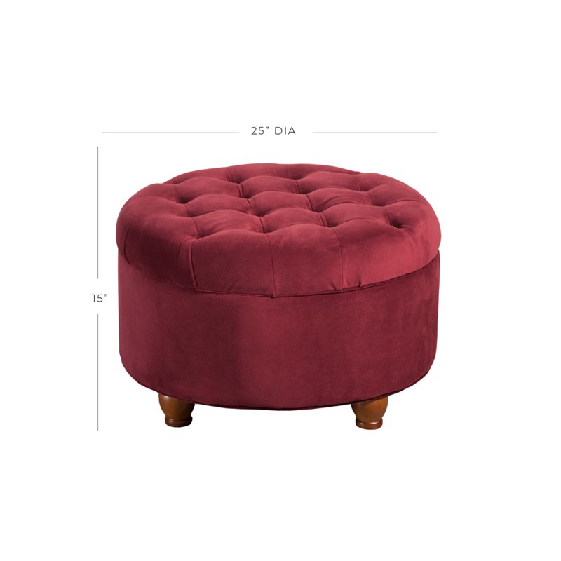 HomePop Round Traditional Wood and Velvet Storage Ottoman in Red