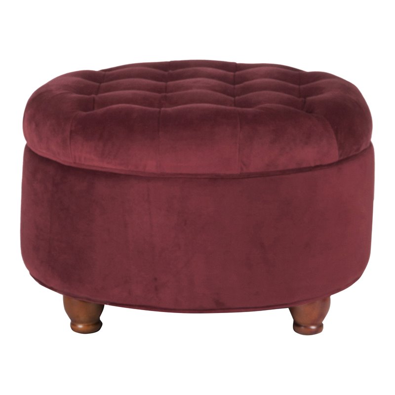 HomePop Round Traditional Wood and Velvet Storage Ottoman in Red
