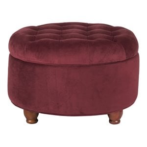 HomePop Round Traditional Wood and Velvet Storage Ottoman in Red