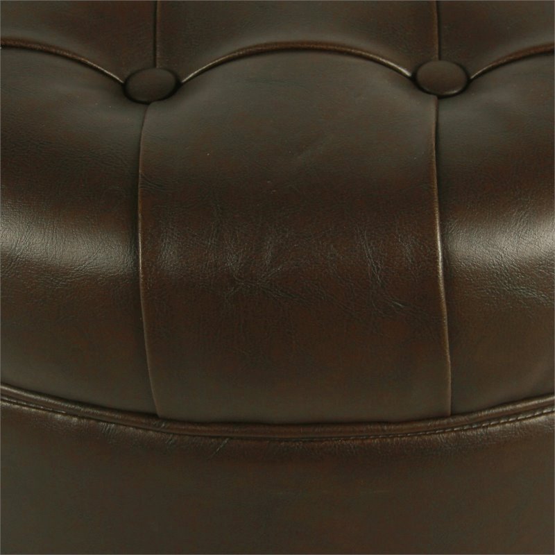 HomePop Round Traditional Wood and Faux Leather Large Storage Ottoman in Brown
