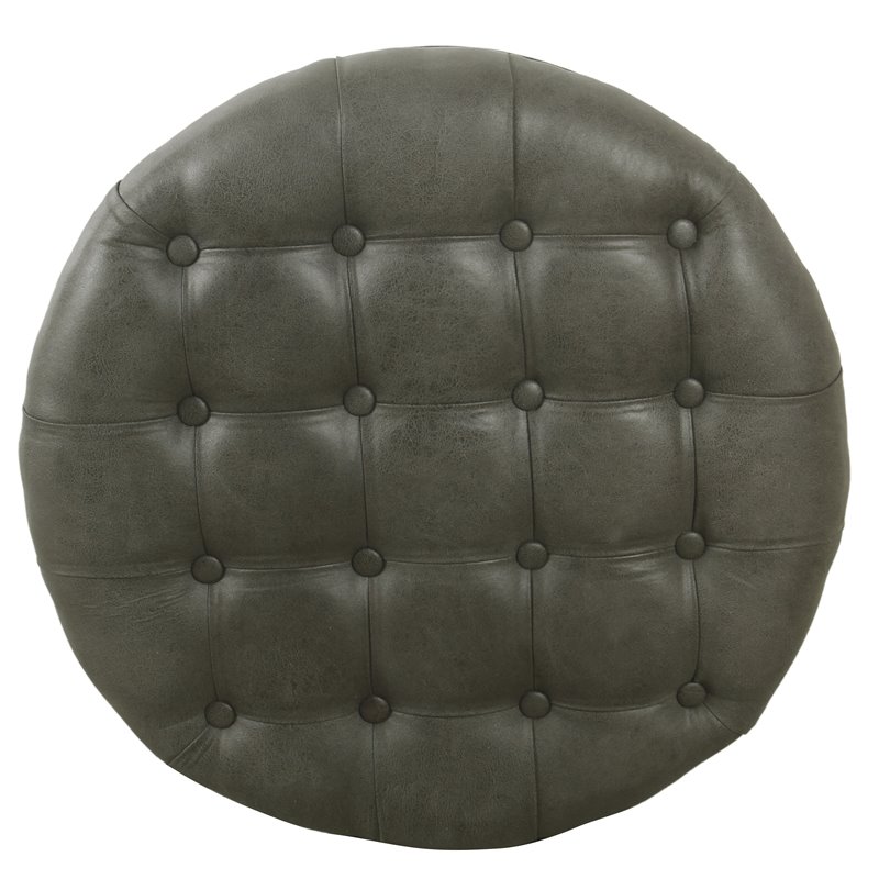 HomePop Round Traditional Wood and Faux Leather Large Storage Ottoman in Gray