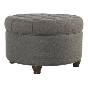 HomePop Round Traditional Wood and Fabric Large Storage Ottoman in Gray