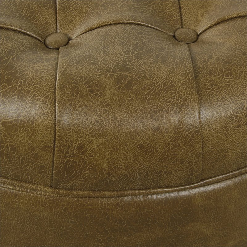 HomePop Round Traditional Faux Leather Large Storage Ottoman in Distressed Brown