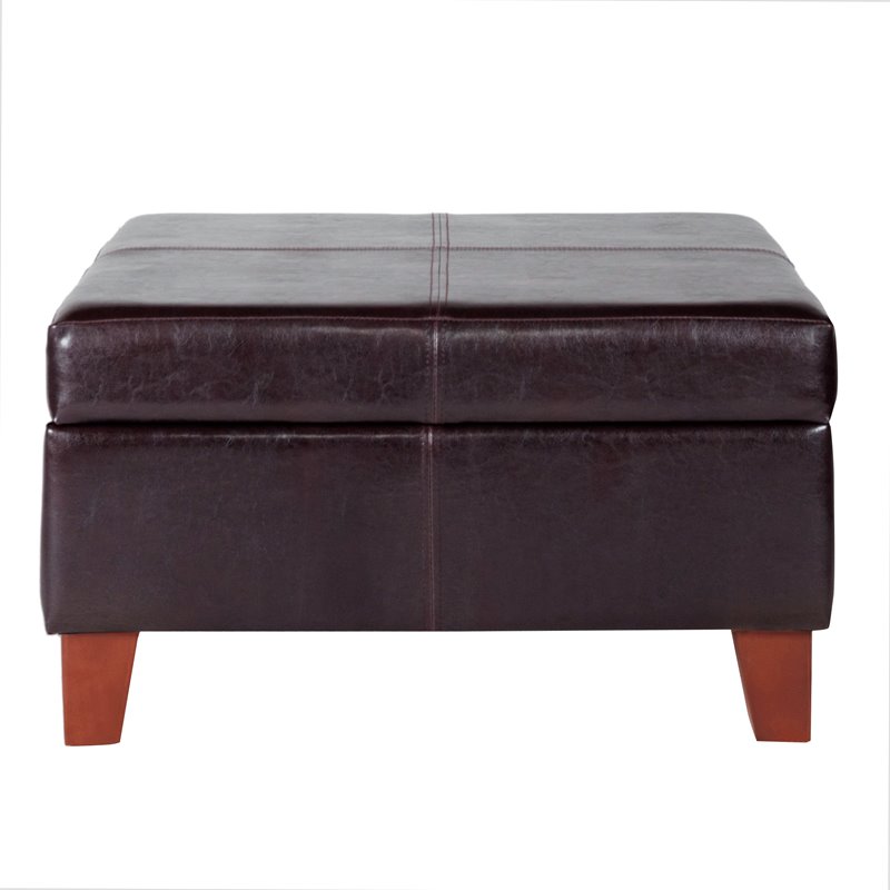 HomePop Transitional Faux Leather Storage Ottoman in Brown Finish