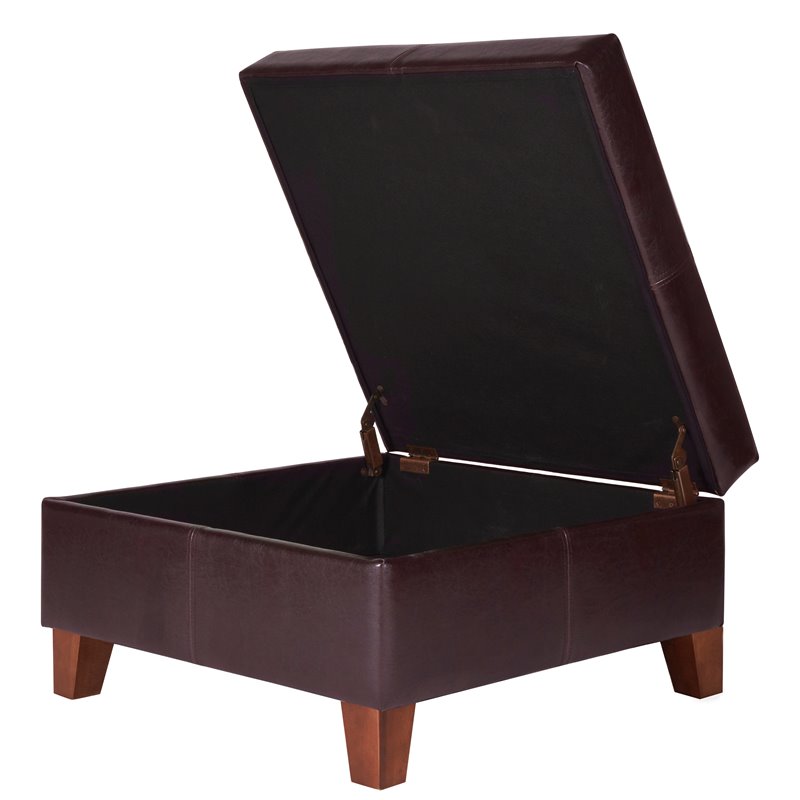 HomePop Transitional Faux Leather Storage Ottoman in Brown Finish