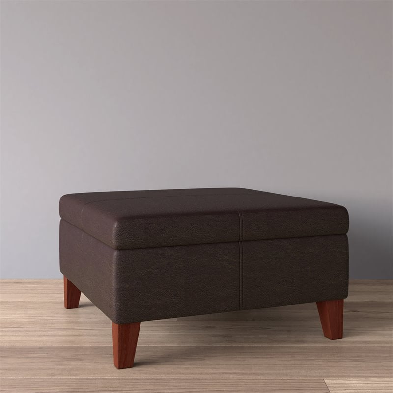 HomePop Transitional Faux Leather Storage Ottoman in Brown Finish