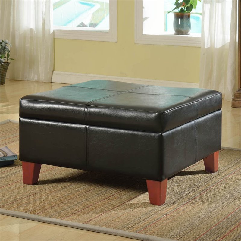 HomePop Transitional Faux Leather Storage Ottoman in Black Finish