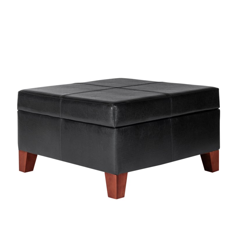 HomePop Transitional Faux Leather Storage Ottoman in Black Finish