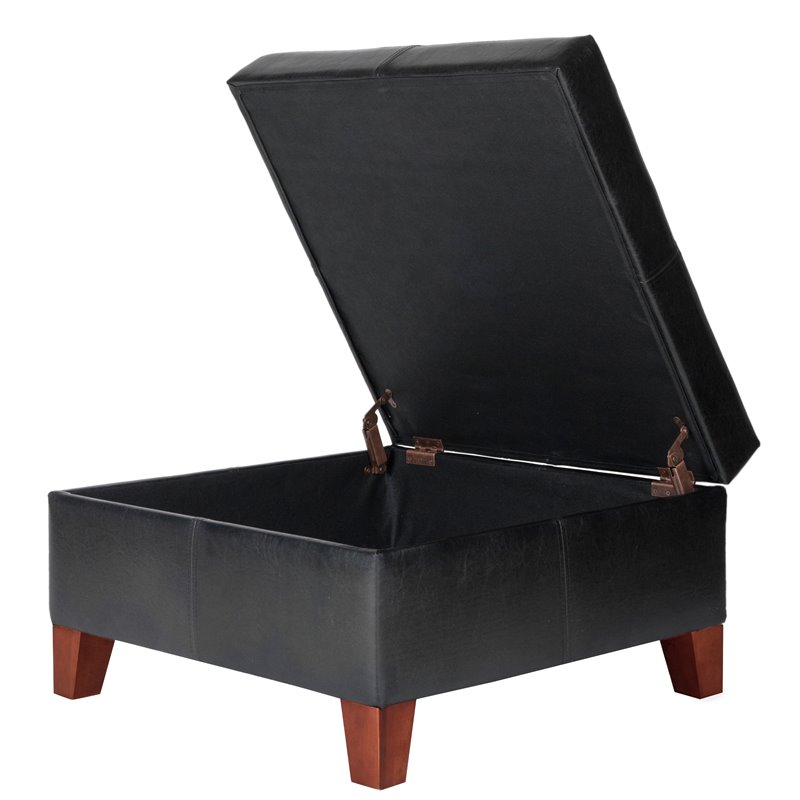 HomePop Transitional Faux Leather Storage Ottoman in Black Finish