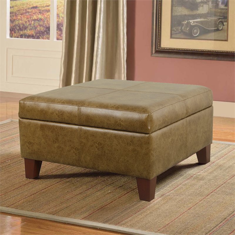 HomePop Luxury Transitional Faux Leather Storage Ottoman in Distressed Brown