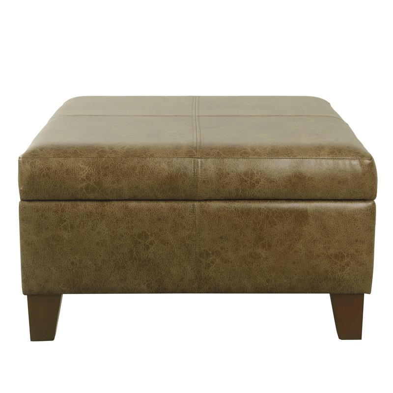 HomePop Luxury Transitional Faux Leather Storage Ottoman in Distressed Brown