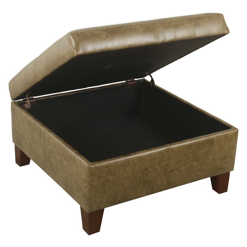 HomePop Luxury Transitional Faux Leather Storage Ottoman in Distressed Brown