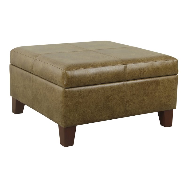 HomePop Luxury Transitional Faux Leather Storage Ottoman in Distressed Brown