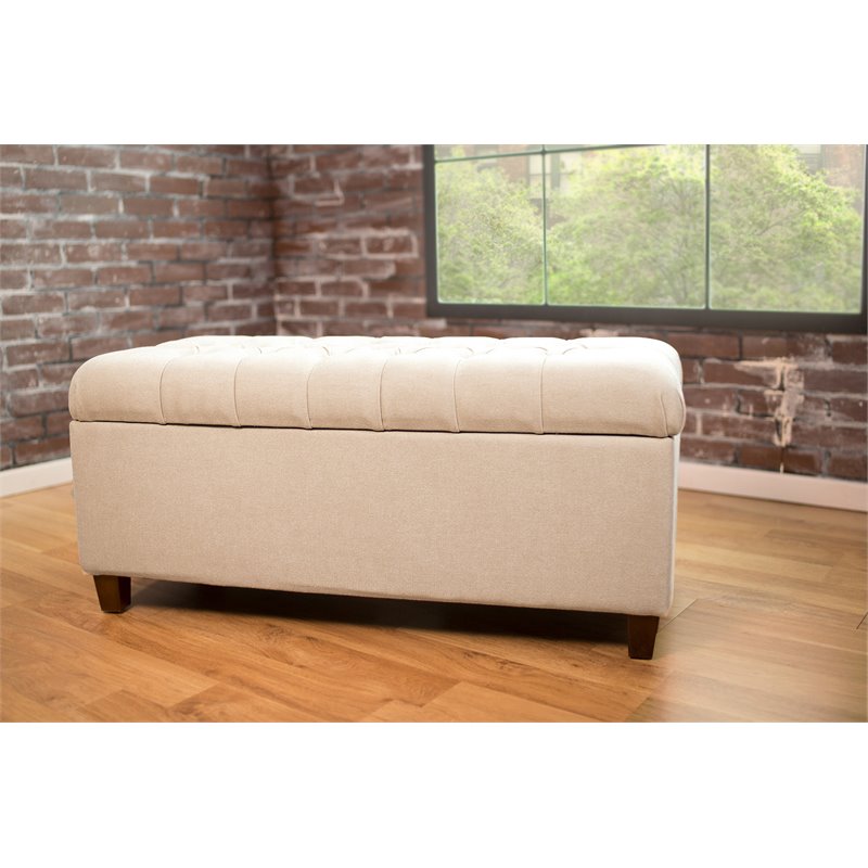 HomePop Ainsley Traditional Fabric Button Tufted Storage Bench in Cream Finish