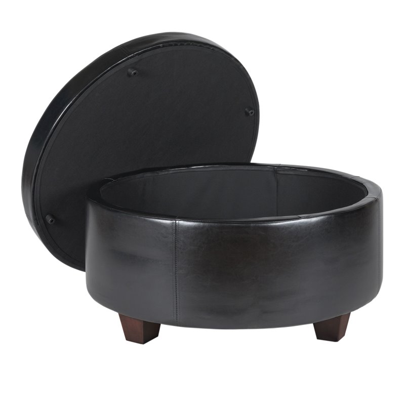 HomePop Winston Faux Leather Button-top Large Storage Ottoman in Black