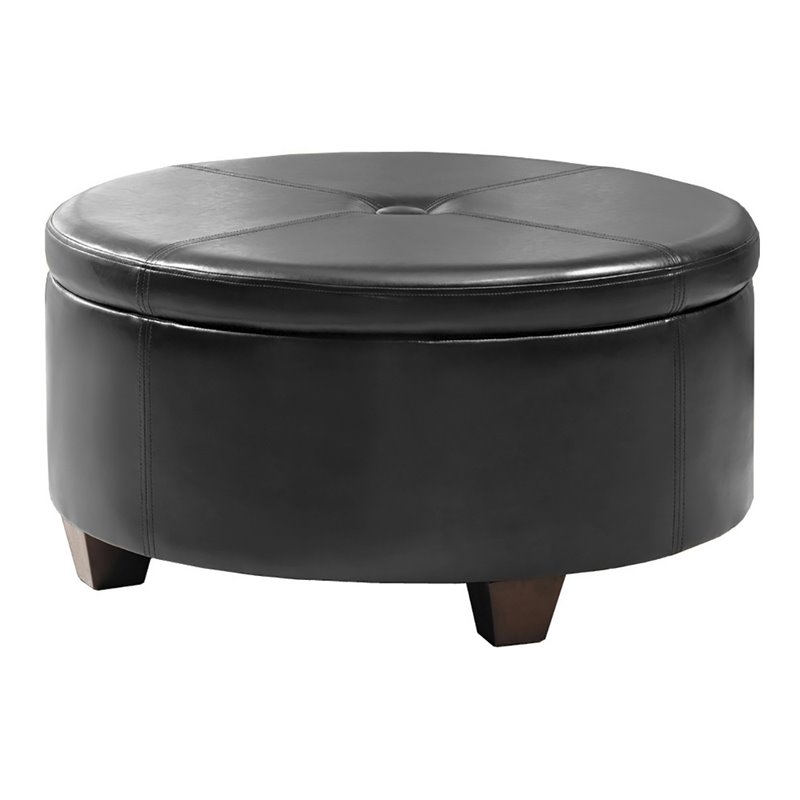 HomePop Winston Faux Leather Button-top Large Storage Ottoman in Black