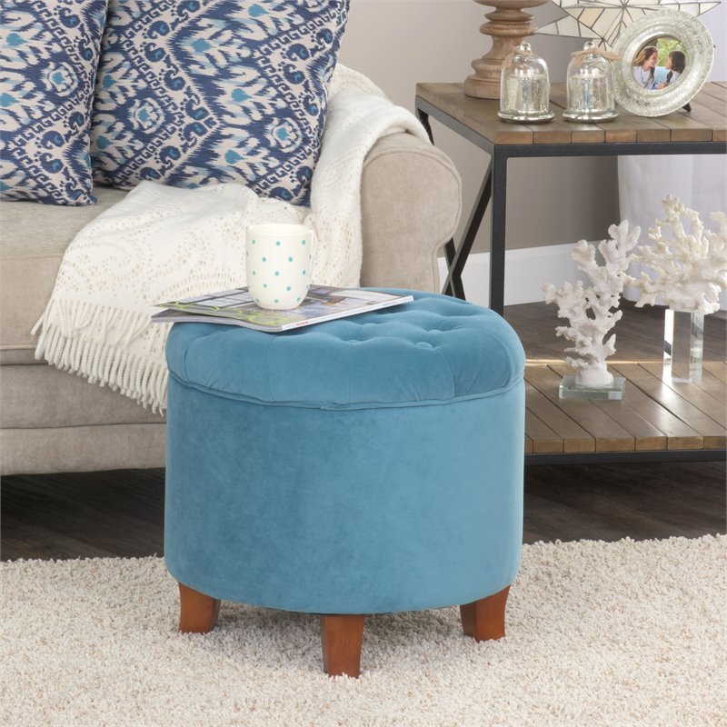 HomePop Round Transitional Wood and Velvet Ottoman with Storage in Blue