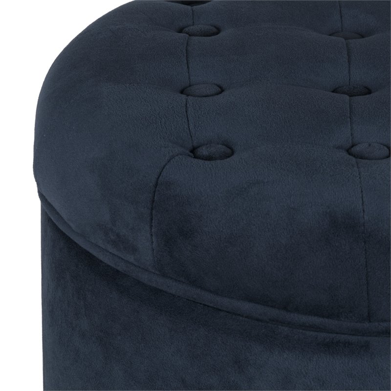 HomePop Round Transitional Wood and Velvet Ottoman with Storage in Dark Blue