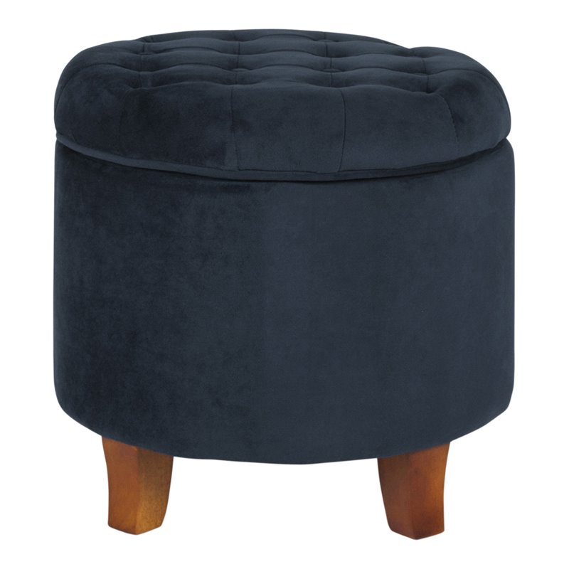 HomePop Round Transitional Wood and Velvet Ottoman with Storage in Dark Blue