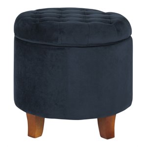 HomePop Round Transitional Wood and Velvet Ottoman with Storage in Dark Blue
