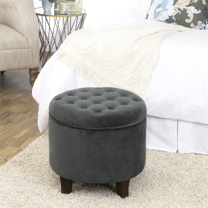 HomePop Round Transitional Wood and Velvet Storage Ottoman in Gray