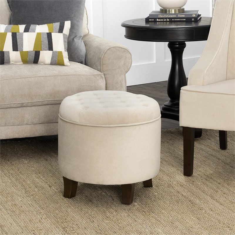 HomePop Round Transitional Wood and Velvet Storage Ottoman in Cream