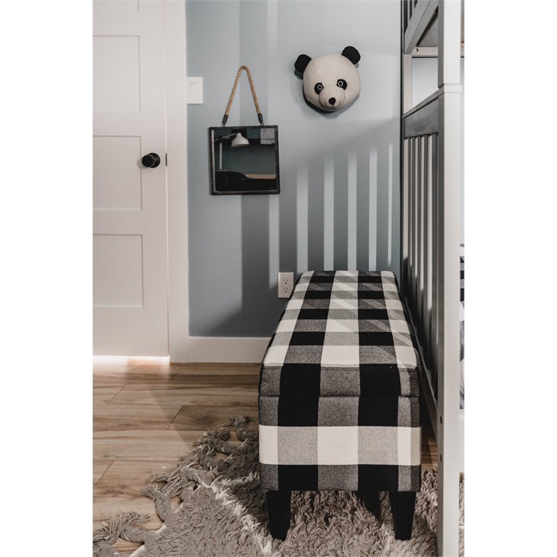 HomePop Fabric Plaid Pattern Large Decorative Storage Bench in Black
