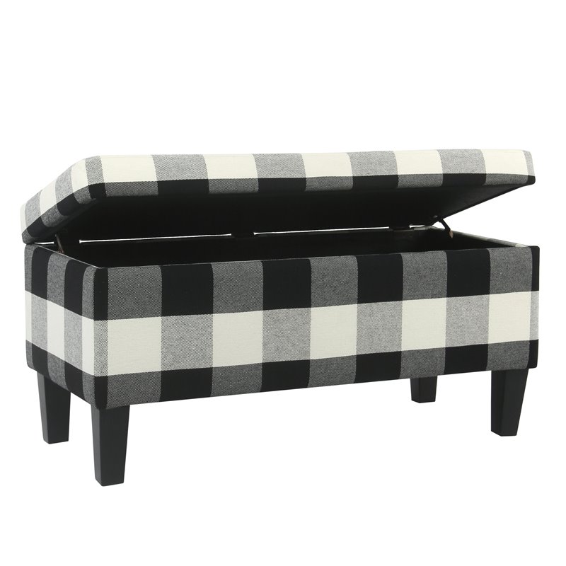 HomePop Fabric Plaid Pattern Large Decorative Storage Bench in Black