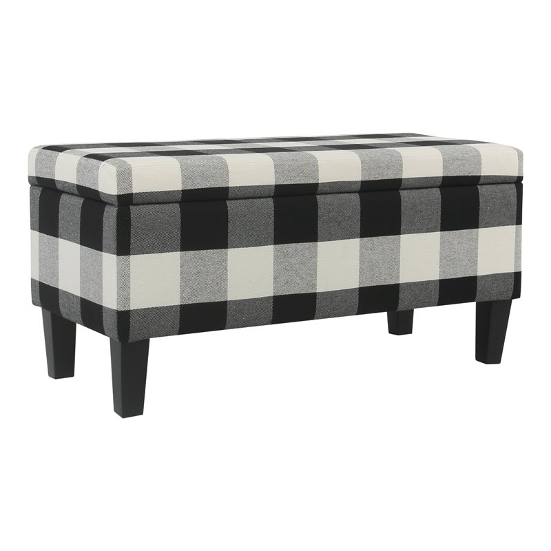 HomePop Fabric Plaid Pattern Large Decorative Storage Bench in Black
